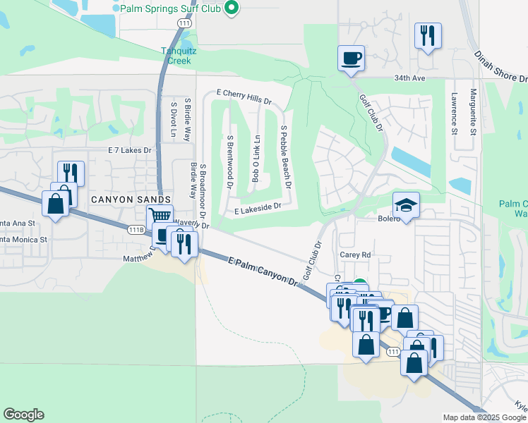 map of restaurants, bars, coffee shops, grocery stores, and more near 5289 East Lakeside Drive in Palm Springs