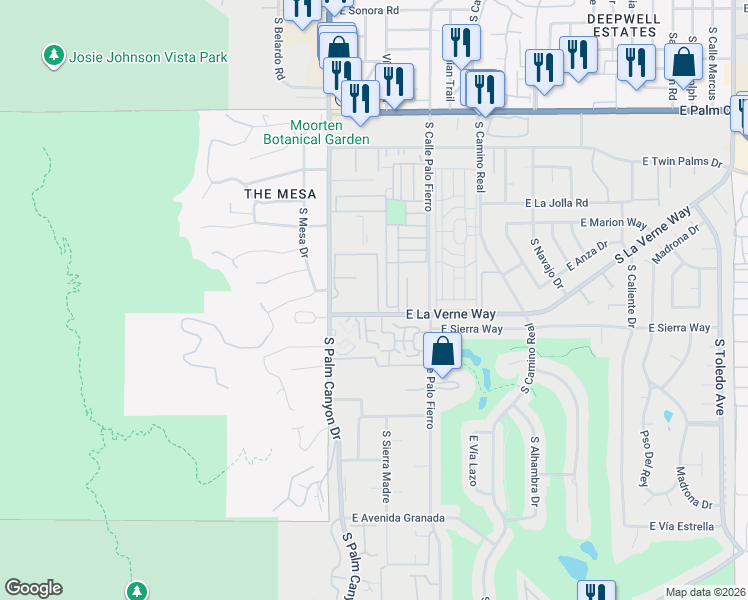 map of restaurants, bars, coffee shops, grocery stores, and more near 2083 Ramitas Way in Palm Springs