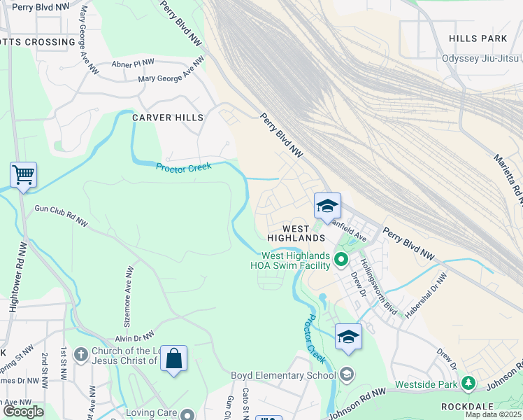 map of restaurants, bars, coffee shops, grocery stores, and more near 2501 Drew Drive in Atlanta