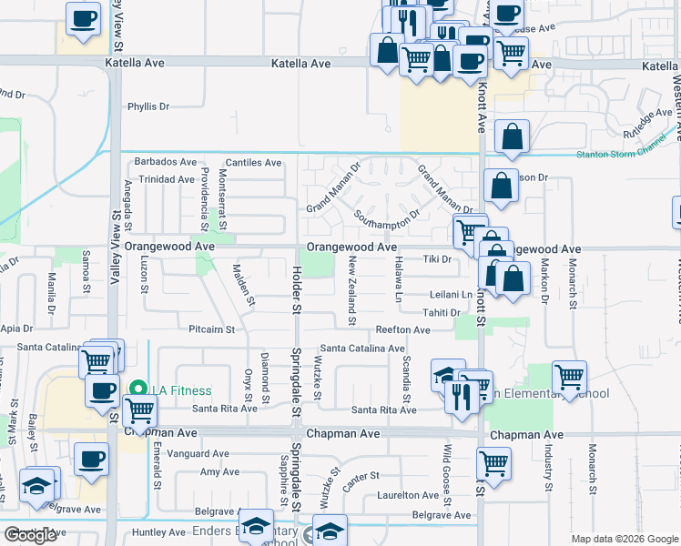 map of restaurants, bars, coffee shops, grocery stores, and more near 11580 Panay Street in Cypress