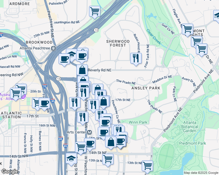 map of restaurants, bars, coffee shops, grocery stores, and more near 199 Peachtree Circle Northeast in Atlanta