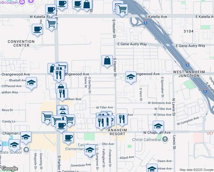 map of restaurants, bars, coffee shops, grocery stores, and more near 127 West Cliffwood Avenue in Anaheim