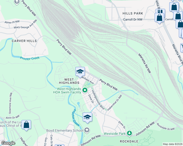 map of restaurants, bars, coffee shops, grocery stores, and more near in Atlanta