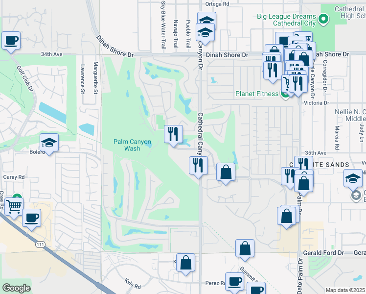 map of restaurants, bars, coffee shops, grocery stores, and more near 68414 Paseo Real in Cathedral City