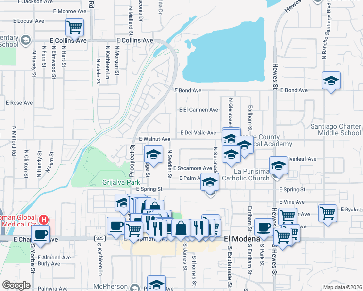 map of restaurants, bars, coffee shops, grocery stores, and more near 3727 East Euclid Avenue in Orange