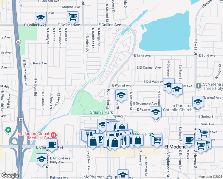 map of restaurants, bars, coffee shops, grocery stores, and more near in Orange