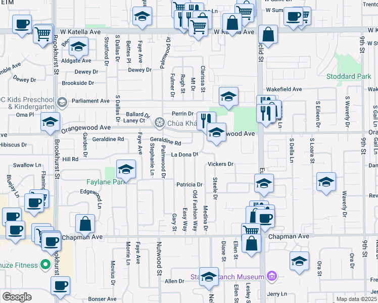 map of restaurants, bars, coffee shops, grocery stores, and more near 10641 La Dona Drive in Garden Grove