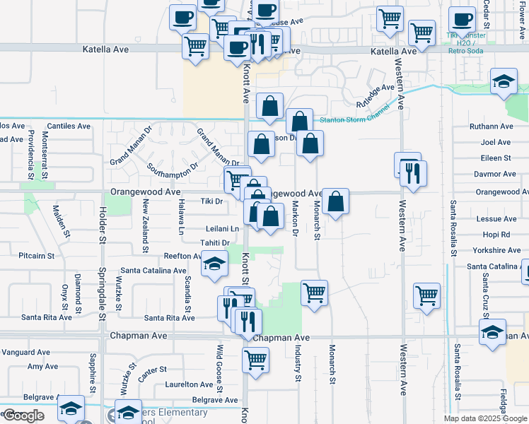 map of restaurants, bars, coffee shops, grocery stores, and more near 11562 Knott Street in Garden Grove