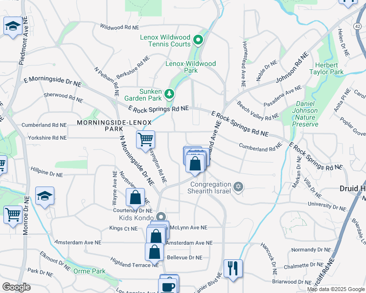 map of restaurants, bars, coffee shops, grocery stores, and more near 1475 Lanier Place Northeast in Atlanta