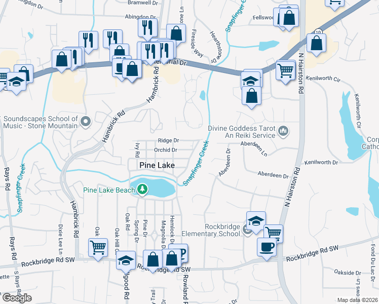 map of restaurants, bars, coffee shops, grocery stores, and more near 4648 Orchid Drive in Pine Lake