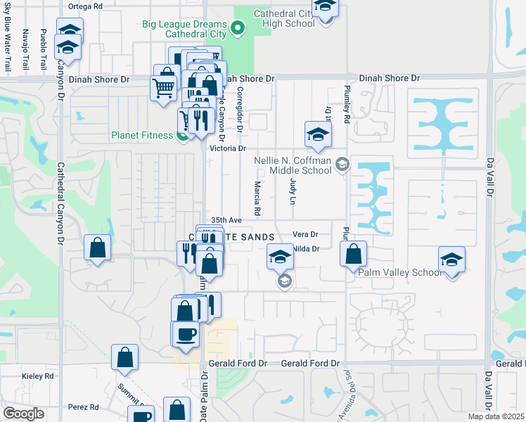 map of restaurants, bars, coffee shops, grocery stores, and more near 34930 Marcia Road in Cathedral City