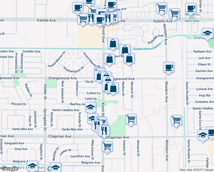 map of restaurants, bars, coffee shops, grocery stores, and more near 11700 Knott Street in Cypress