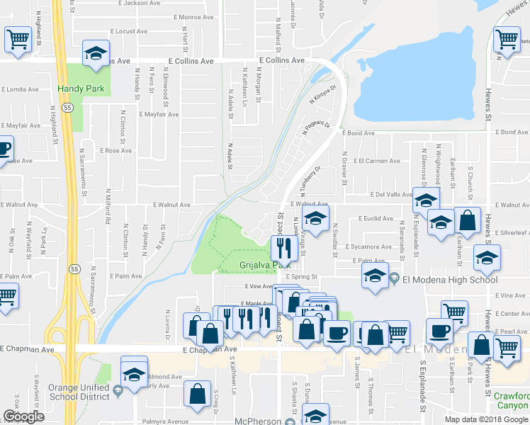map of restaurants, bars, coffee shops, grocery stores, and more near 3239 East Vicksberry in Orange