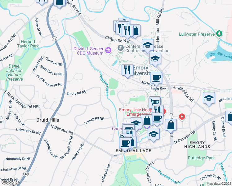map of restaurants, bars, coffee shops, grocery stores, and more near 23 Eagle Row in Atlanta