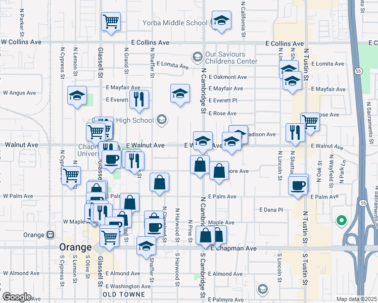 map of restaurants, bars, coffee shops, grocery stores, and more near 478 North Pine Street in Orange