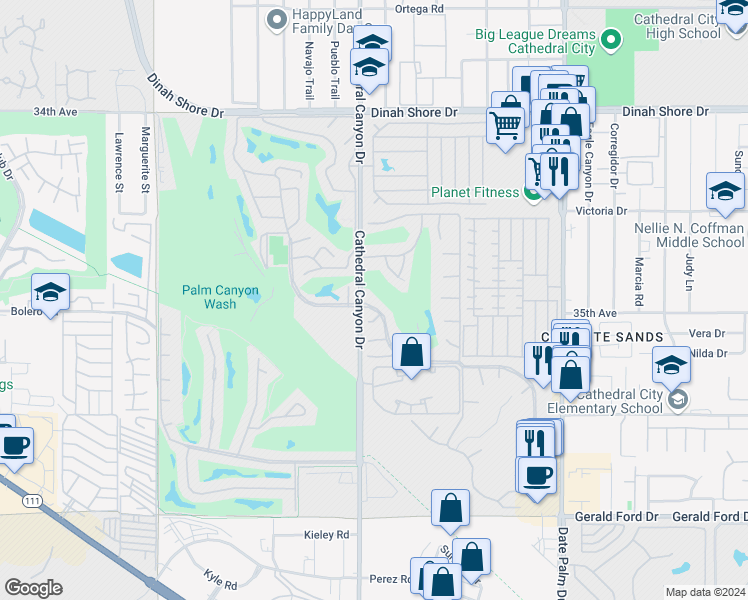 map of restaurants, bars, coffee shops, grocery stores, and more near 68520 Paseo Real in Cathedral City