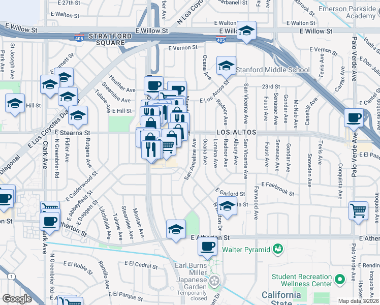 map of restaurants, bars, coffee shops, grocery stores, and more near 2155 San Anseline Avenue in Long Beach