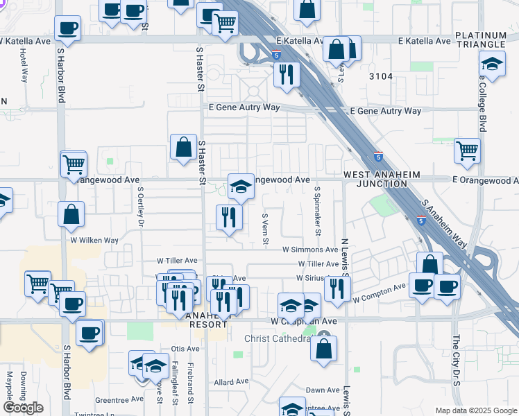 map of restaurants, bars, coffee shops, grocery stores, and more near 2141 South Vern Street in Anaheim