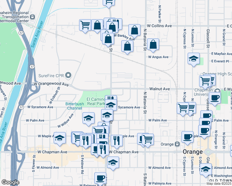 map of restaurants, bars, coffee shops, grocery stores, and more near 1305 West Beverly Drive in Orange