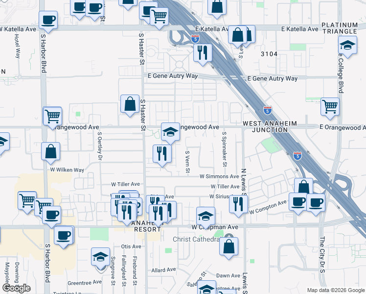 map of restaurants, bars, coffee shops, grocery stores, and more near 2141 South Vern Street in Anaheim