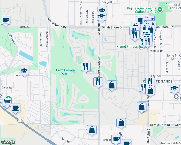 map of restaurants, bars, coffee shops, grocery stores, and more near 68414 Paseo Real in Cathedral City