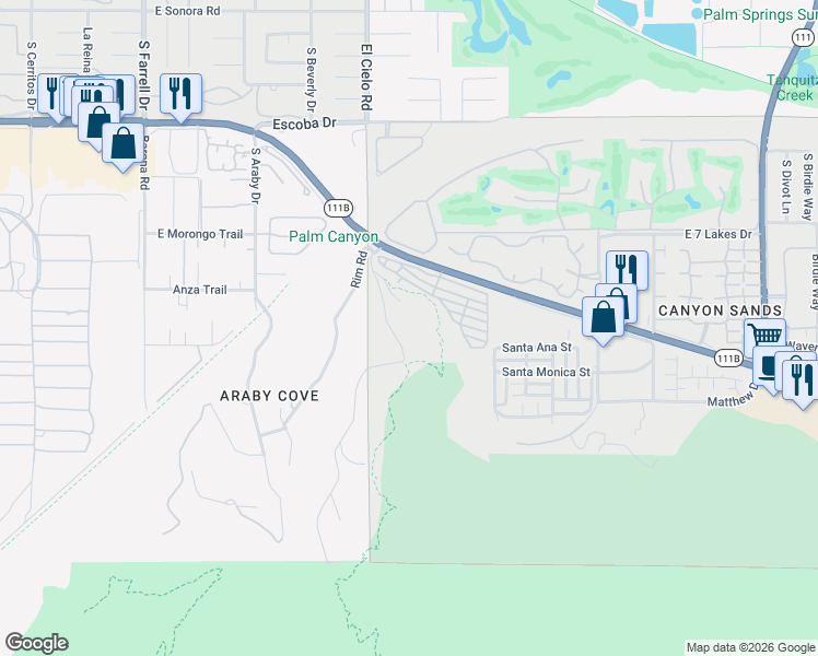 map of restaurants, bars, coffee shops, grocery stores, and more near 2106 Southridge Drive in Palm Springs