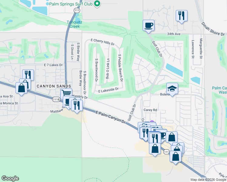 map of restaurants, bars, coffee shops, grocery stores, and more near 5305 East Lakeside Drive in Palm Springs
