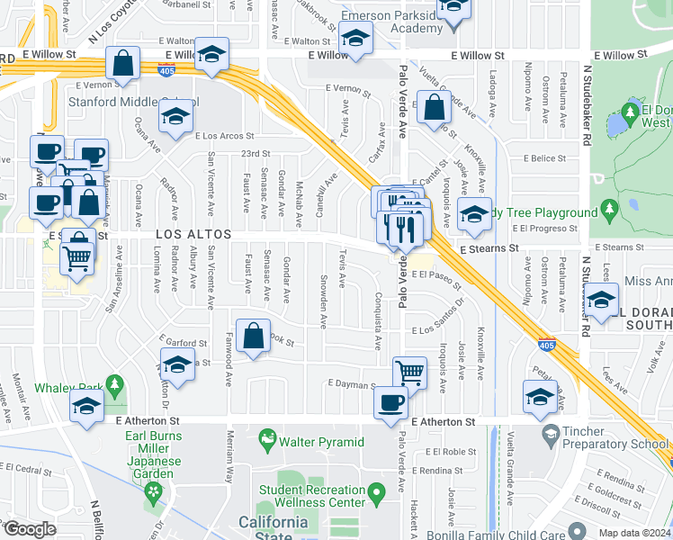map of restaurants, bars, coffee shops, grocery stores, and more near 2131 Tevis Avenue in Long Beach