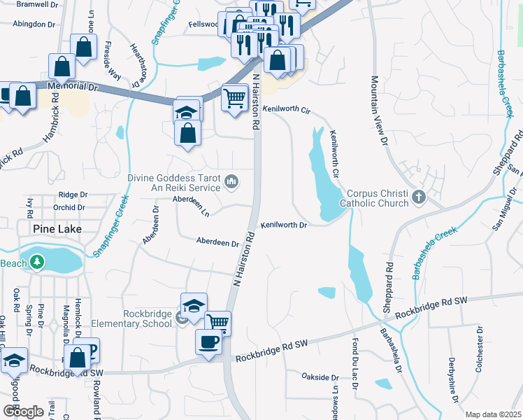 map of restaurants, bars, coffee shops, grocery stores, and more near 631 North Hairston Road in Stone Mountain