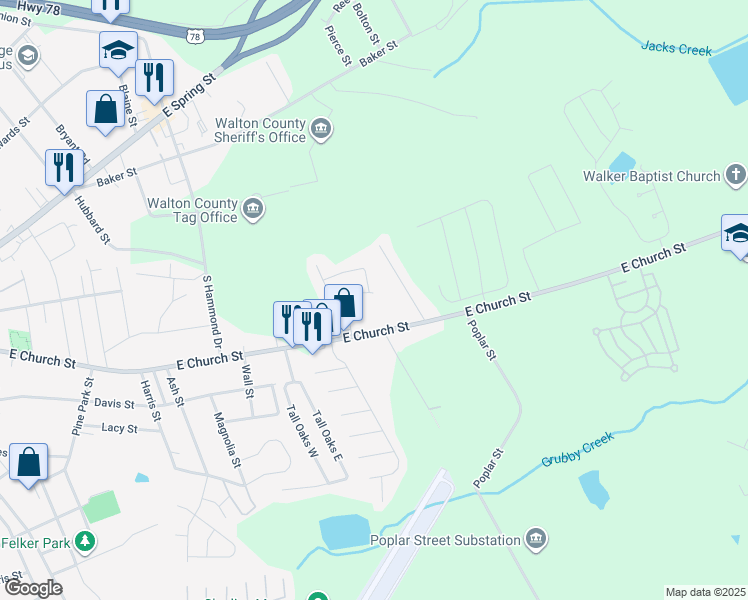 map of restaurants, bars, coffee shops, grocery stores, and more near 1218 Claywill Circle in Monroe