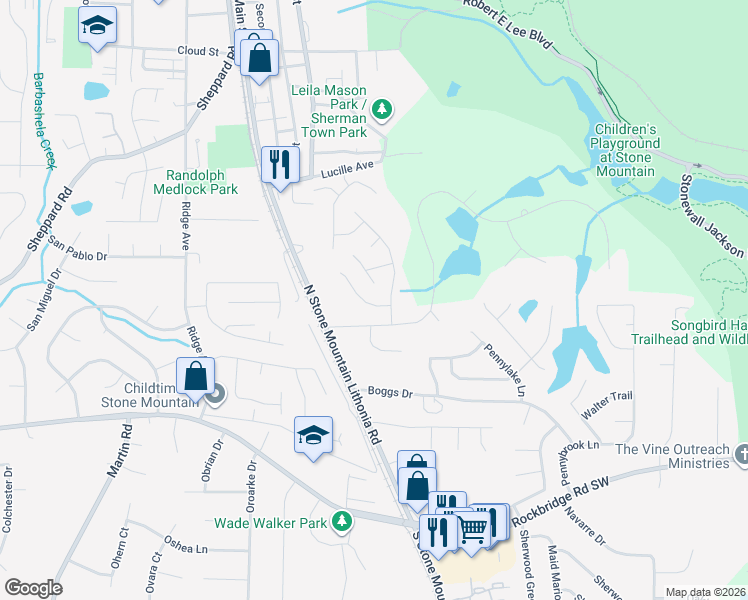 map of restaurants, bars, coffee shops, grocery stores, and more near 5496 Pepperwood Court in Stone Mountain