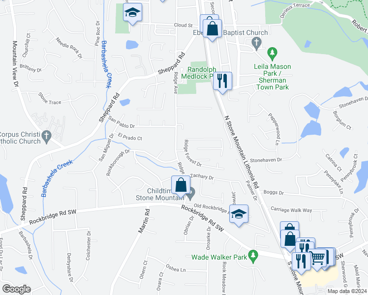 map of restaurants, bars, coffee shops, grocery stores, and more near 5313 Ridge Forest Drive in Stone Mountain