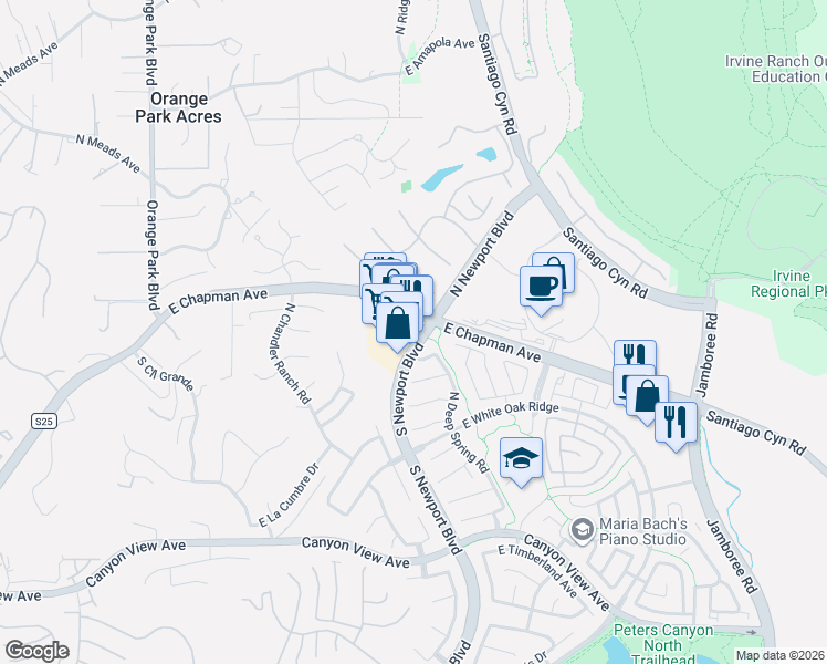 map of restaurants, bars, coffee shops, grocery stores, and more near 7626 East Chapman Avenue in Orange