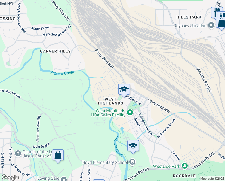 map of restaurants, bars, coffee shops, grocery stores, and more near 1929 Quarry Park Place NW in Atlanta