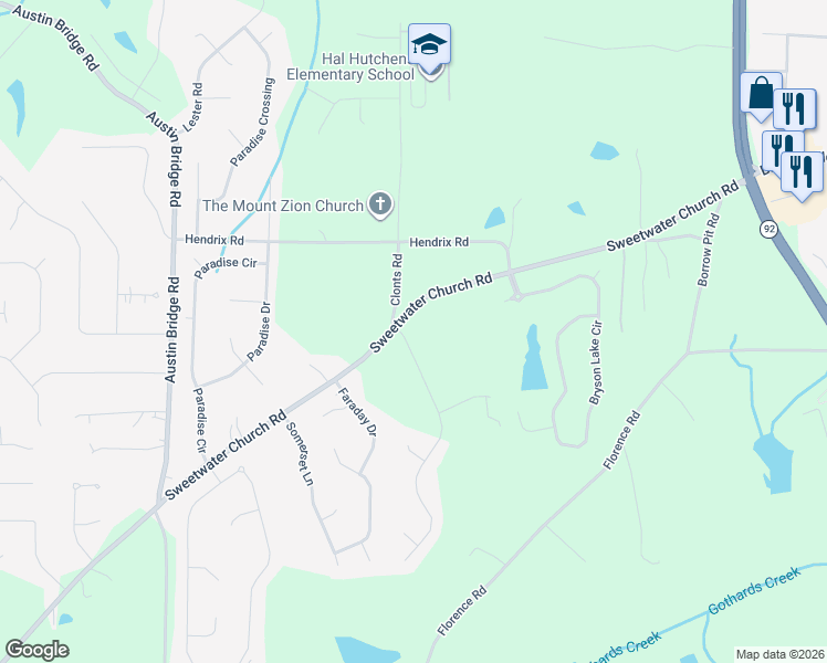 map of restaurants, bars, coffee shops, grocery stores, and more near 9 Deering Drive in Douglasville