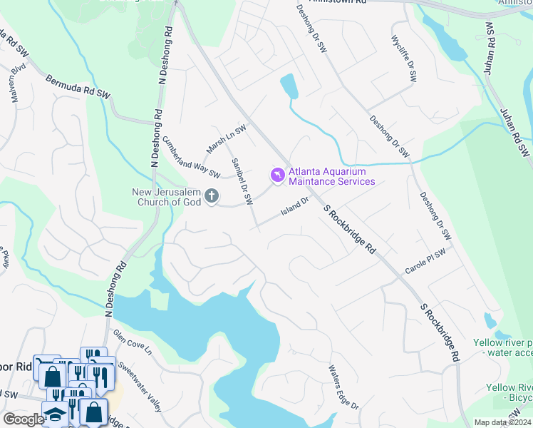 map of restaurants, bars, coffee shops, grocery stores, and more near 5221 Island Drive in Stone Mountain