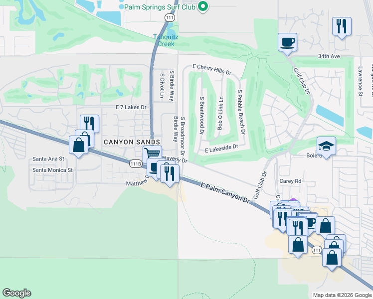 map of restaurants, bars, coffee shops, grocery stores, and more near 2471 South Brentwood Drive in Palm Springs