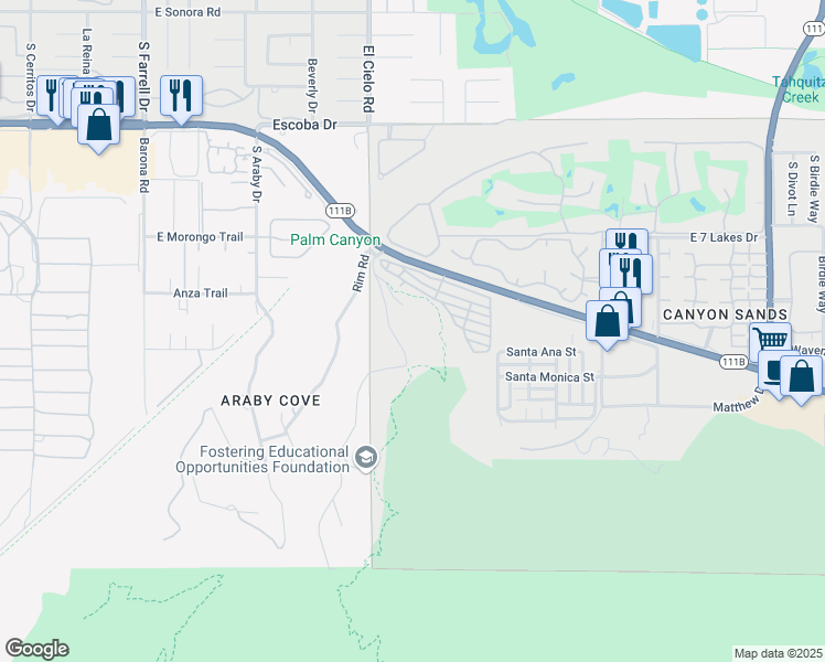 map of restaurants, bars, coffee shops, grocery stores, and more near 2106 Southridge Drive in Palm Springs