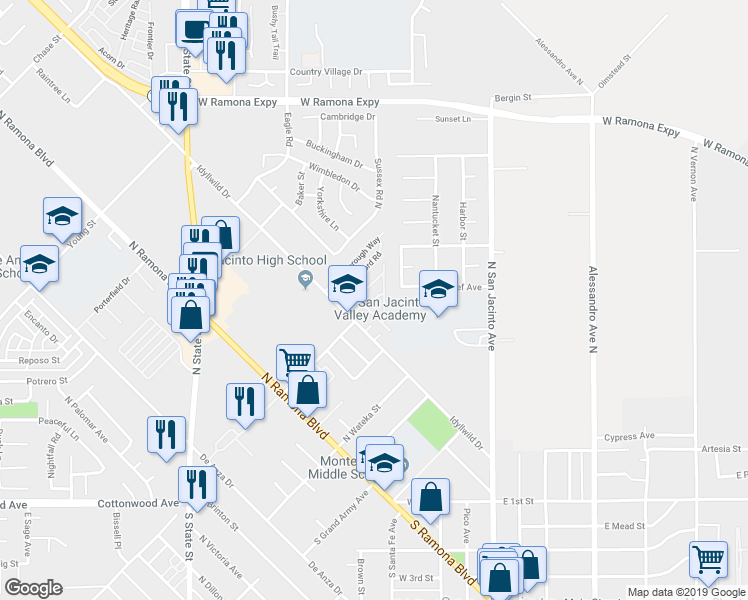map of restaurants, bars, coffee shops, grocery stores, and more near 485 Idyllwild Drive in San Jacinto