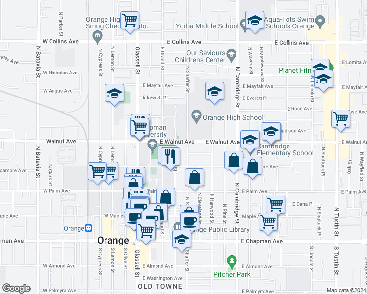 map of restaurants, bars, coffee shops, grocery stores, and more near 496 North Shaffer Street in Orange