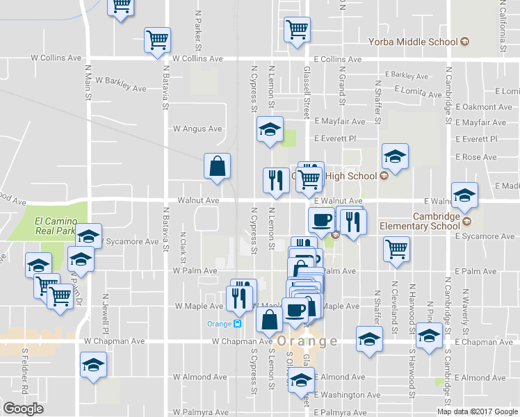 map of restaurants, bars, coffee shops, grocery stores, and more near 416 West Walnut Avenue in Orange