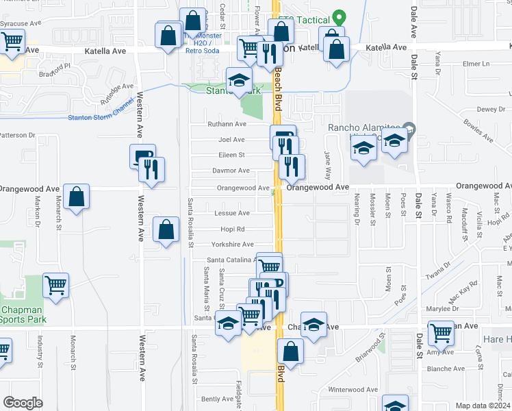 map of restaurants, bars, coffee shops, grocery stores, and more near 11531 Lenmar Street in Stanton
