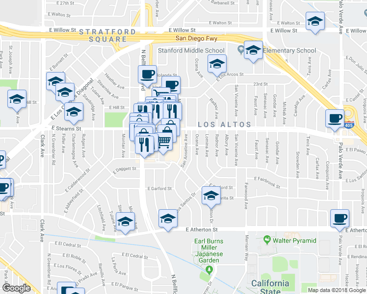 map of restaurants, bars, coffee shops, grocery stores, and more near 2161 San Anseline Avenue in Long Beach