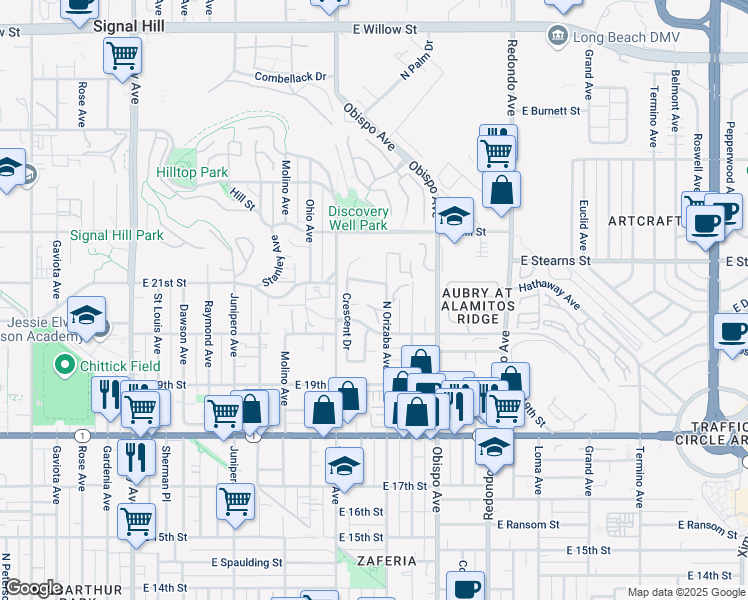 map of restaurants, bars, coffee shops, grocery stores, and more near 2865 Signal Pointe in Signal Hill