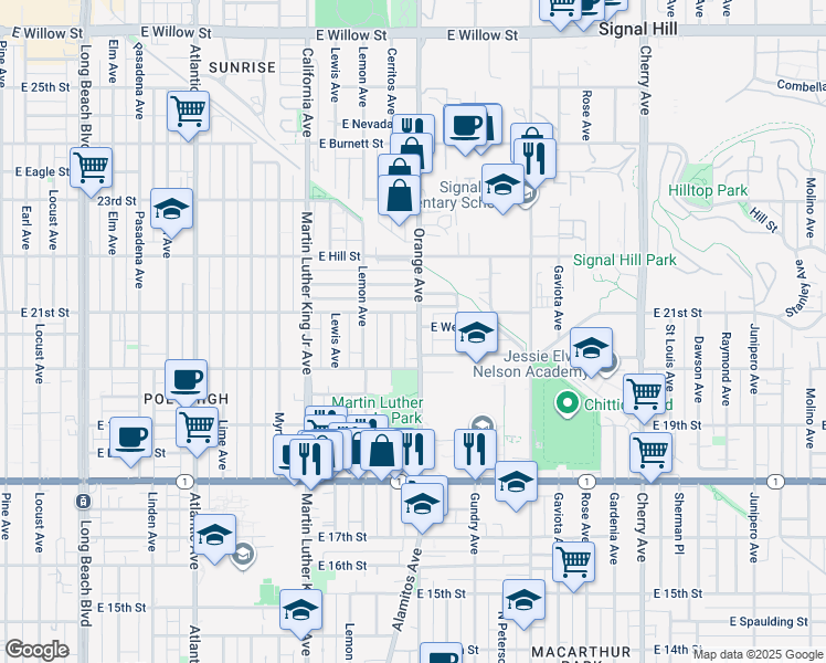 map of restaurants, bars, coffee shops, grocery stores, and more near 1229 East Wesley Drive in Long Beach