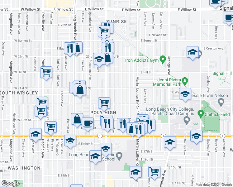 map of restaurants, bars, coffee shops, grocery stores, and more near 2084 Lime Avenue in Long Beach