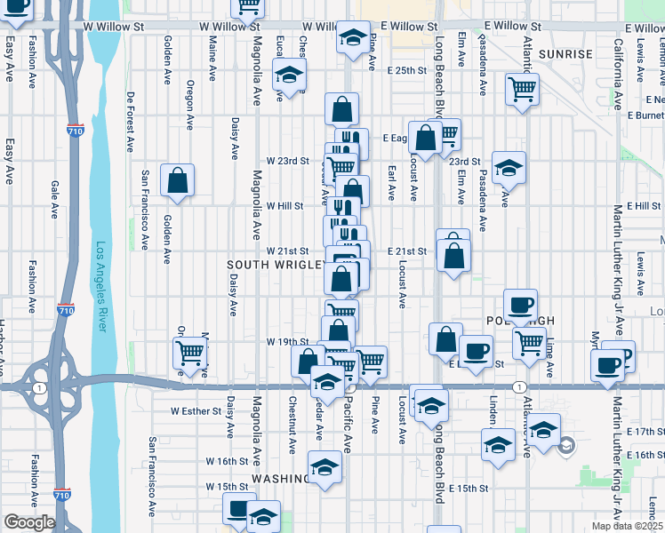 map of restaurants, bars, coffee shops, grocery stores, and more near in Long Beach