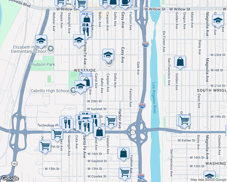 map of restaurants, bars, coffee shops, grocery stores, and more near 2082 Caspian Avenue in Long Beach