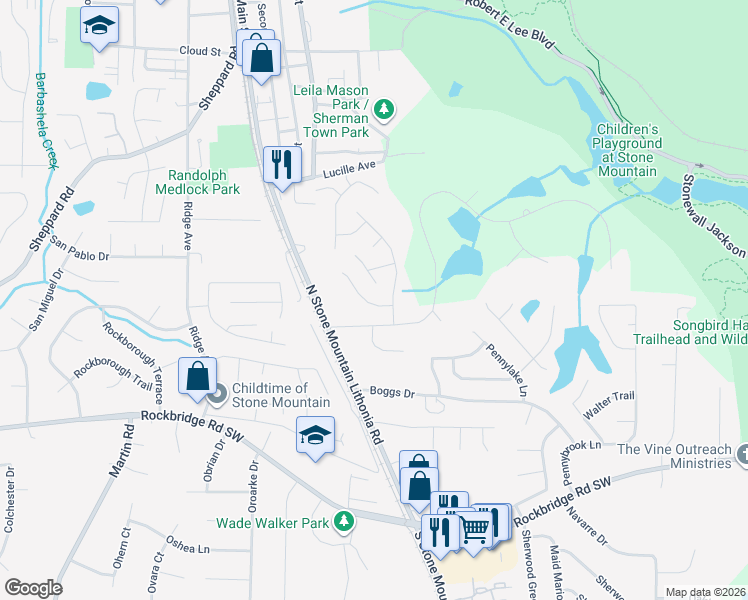 map of restaurants, bars, coffee shops, grocery stores, and more near 5496 Pepperwood Court in Stone Mountain