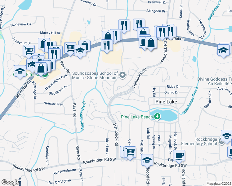 map of restaurants, bars, coffee shops, grocery stores, and more near 535 Windchase Lane in Stone Mountain
